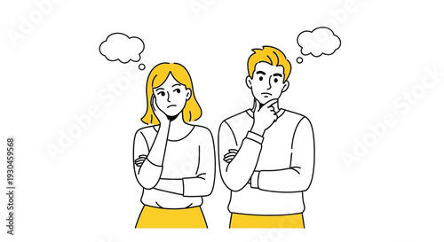 Thoughtful man and woman in contemplation with thought bubbles above their heads in vector illustration