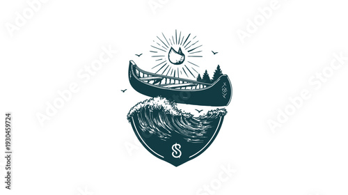 A canoe glides on waves, with forest, sun, and birds above a shield containing a curled "S