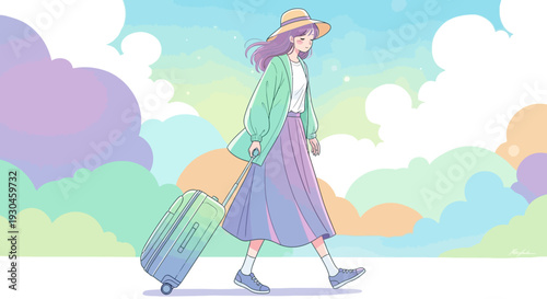 Woman Walking with Luggage and Hat.