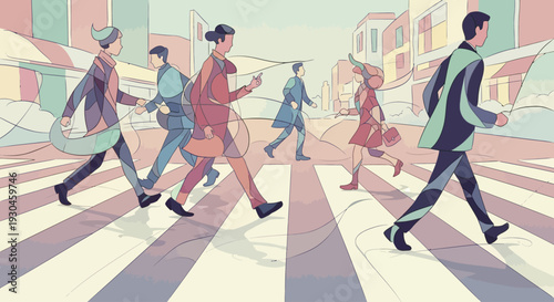 People Crossing Street in City Illustration.