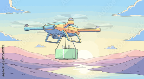 Drone Carrying Package in Flight.