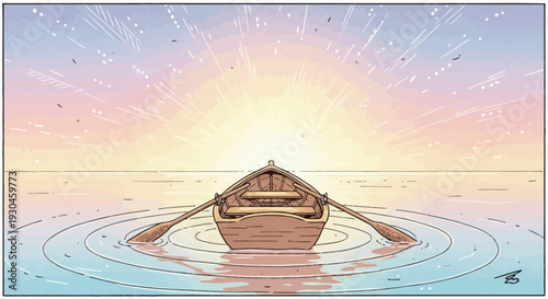 Wooden Boat Floating on Calm Water Surface.