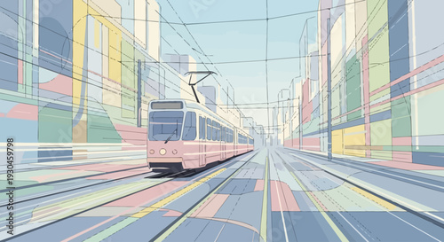 Modern Train Traveling Through City Tracks.