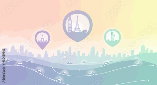 Map Pins with Landmark Icons on Cityscape.