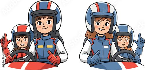 Kids racing driver cartoon illustration wearing helmet, young motorsport pilot characters driving car, children racing sport flat vector design