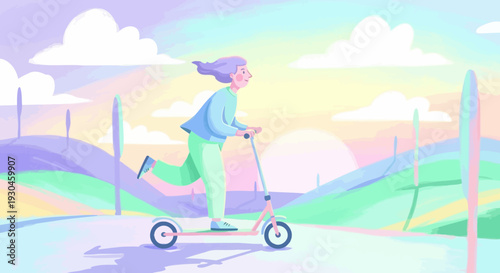 Woman Riding Electric Scooter on Road.