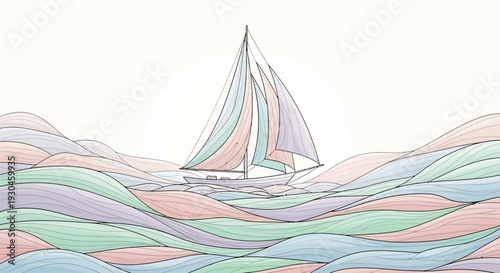 Sailboat Sailing on Pastel Colored Ocean Waves.