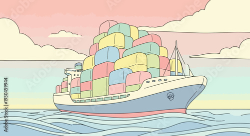 Cargo Ship with Colorful Shipping Containers.