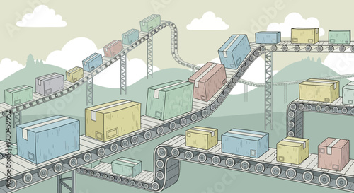 Conveyor Belt System with Colored Boxes.
