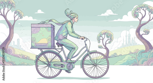 Delivery Person Riding Bicycle with Cargo Box.