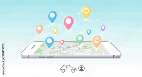 Smartphone displaying GPS navigation map with location pins.