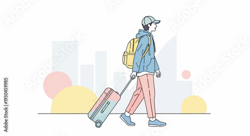 Woman Walking with Luggage and Backpack.