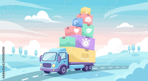 Cartoon Truck Carrying Colorful Shipping Containers.