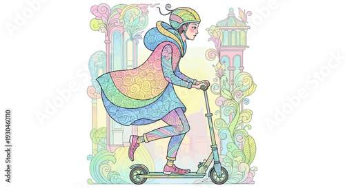Young Girl Riding a Scooter Illustration.