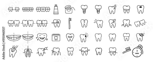 Complete Dental Care Icons Mega Set – Dentistry Procedures, Tools and Oral Health Line Art Collection