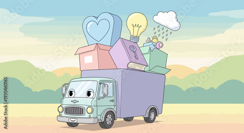 Cartoon Truck with Various Items on Top.
