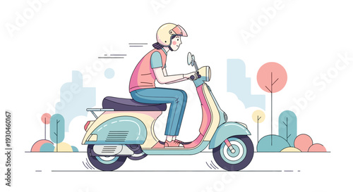 Woman Riding Scooter with Delivery Backpack.