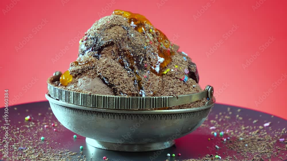 custom made wallpaper toronto digitalChocolate ice cream in a metal bowl, sprinkled with edible confetti, slowly rotates against a bright background.