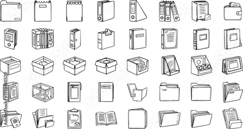 Hand-drawn office and business stationery icons set. Sketch vector illustration of documents, folders, binders, boxes, and storage items.