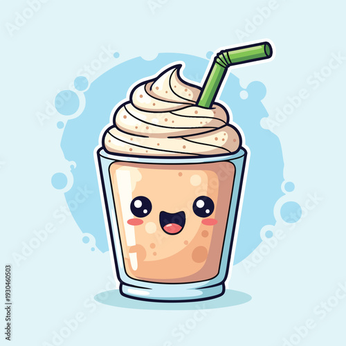 A cartoon image of a cute drink with a smiling face, whipped cream and straw. It's a whimsical, food-related illustration on a light blue background