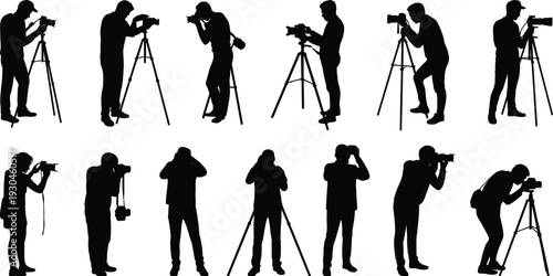 Photographer silhouettes using cameras, tripod setups, handheld shooting poses, photography illustration collection, creative photo techniques, professional camera design elements