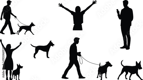 People and dog silhouette collection showing walking, pet care, communication and lifestyle activities isolated vector illustration set