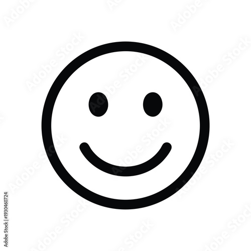 A simple, black and white smiley face emoji with two small eyes and a curved mouth. The face is a circle
