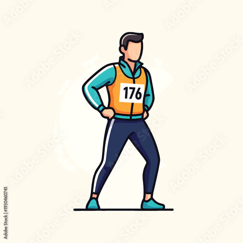 A cartoon figure, ready for competition, wearing sportswear and a bib with the number 176. Hands on hips, standing tall on a simple background