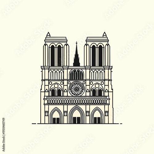 A linear illustration of an architectural structure, featuring symmetrical towers, arches, and a central spire, presented in a minimalist style on a light backdrop