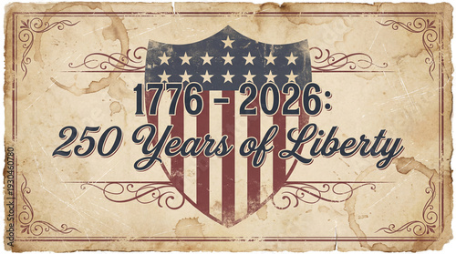 Vintage Style Commemorative Graphic Celebrating 250 Years of American Liberty from 1776 to 2026 with Patriotic Shield Motif on Aged Paper
