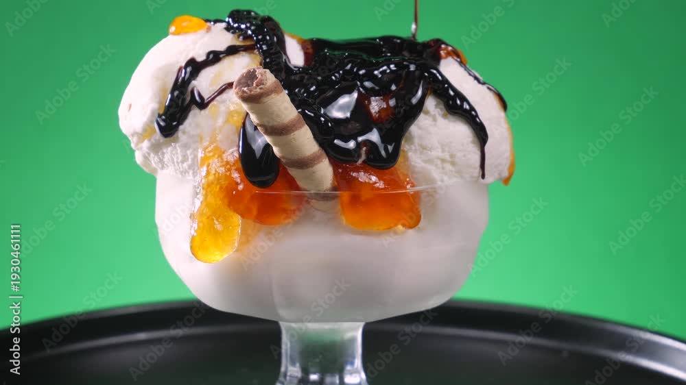 custom made wallpaper toronto digitalVanilla ice cream in a glass bowl, drizzled with chocolate fudge, slowly rotates against a bright background and melts