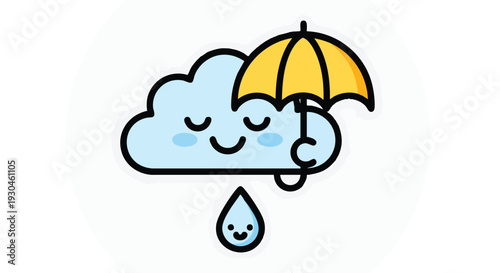 A smiling, cartoonish cloud with closed eyes holds a yellow umbrella. A raindrop with a smiling face falls below. The image is on a white background