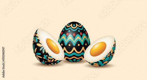 Vibrant decorated eggs whole and halved with intricate patterns on a beige background symbolizing easter or spring festivities with colorful designs