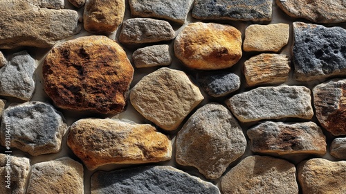 Natural Stone Wall Texture with Various Shapes and Colors, Great for Backgrounds and Design Projects in Architecture and Home Decor