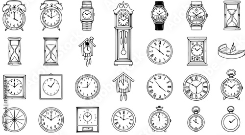 Hand-drawn collection of timepieces: vintage and modern clocks, watches, hourglasses, and sundials. Outline sketch set representing various ways to measure time.