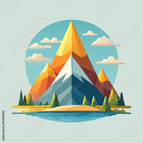 Stylized Illustration of Colorful Mountain Peaks with Serene Water, Trees, and Sky in Gradient Hues