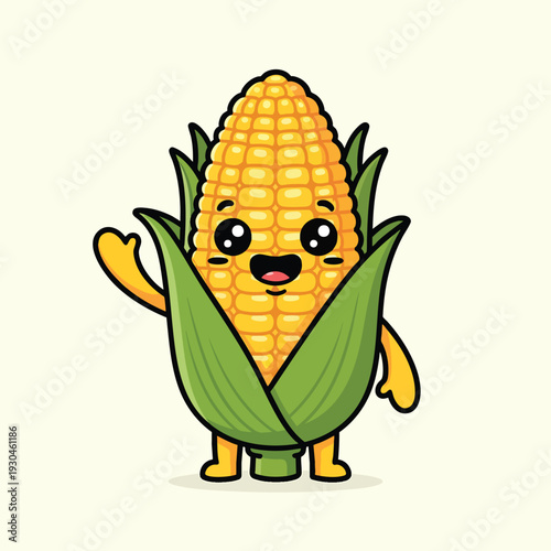 A friendly cartoon corn character with big eyes, an open mouth, a waving arm, and green leaves. It has yellow legs and is on a light beige background