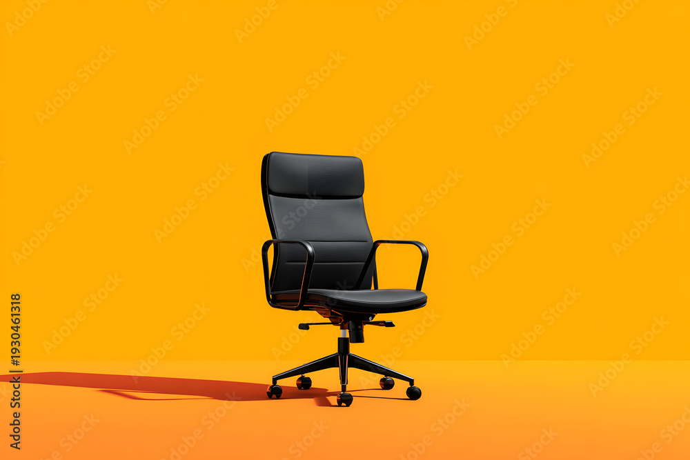 Obraz premium Sleek black ergonomic leather office chair centered against a vibrant solid orange studio background with dramatic side lighting and a long shadow, ideal for themes of leadership and modern workspace.
