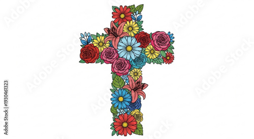 Colorful floral cross with roses daisies and other flowers on white background symbolizing faith and spirituality with vibrant blooms