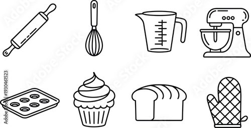 Baking Tools and Kitchen Utensils Outline Icon Collection Featuring Rolling Pin Whisk Mixer Cupcake and Bread