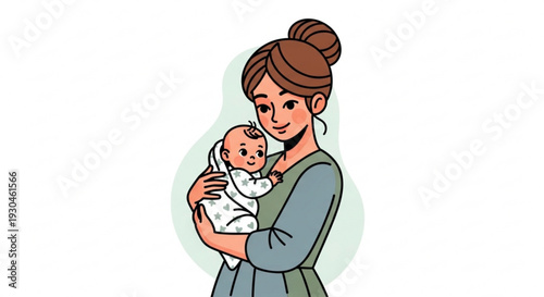 Loving mother holding newborn baby close warm smile soft lighting pastel colors illustration