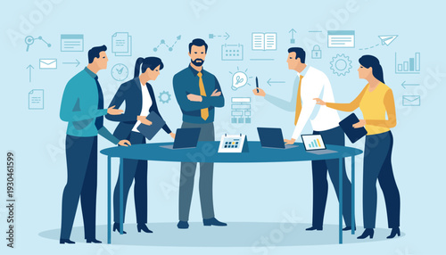Discussion. Team discussing business strategy around a round table with business icons in the background. Vector illustration. 