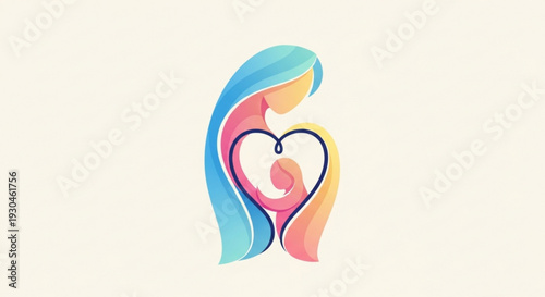 Mother and child embracing in a heart shape with colorful flowing hair and skin tones on cream background
