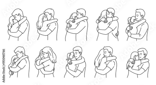 Set of minimalist line art illustrations of diverse couples hugging and embracing