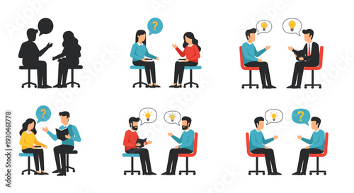 Business people silhouettes and flat characters sitting and talking with idea bubbles