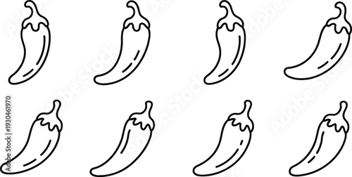 Chili Pepper Outline Icon Collection Featuring Spicy Hot Capsicum Vegetable Symbols Vector Illustration Set Isolated on Gray Background