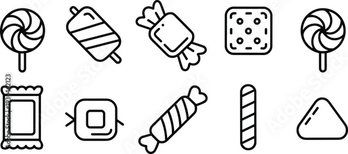 Candy and Sweet Outline Icon Set Featuring Lollipop Toffee Chocolate and Confectionery Vector Illustration Collection
