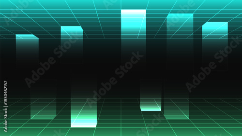 Futuristic digital grid with glowing columns in virtual space, creating sense of depth and technology