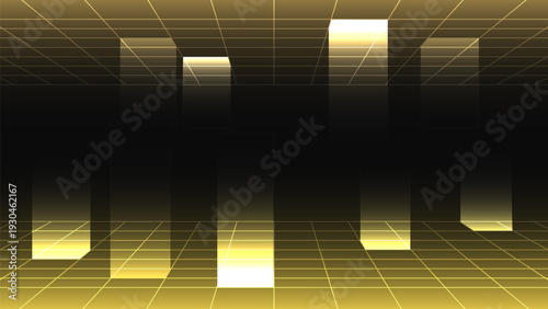 Futuristic digital grid with glowing columns in dark space, creating sense of depth and technology