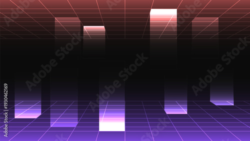 Retro futuristic digital landscape with glowing grid and vertical columns. Vibrant neon colors create nostalgic atmosphere